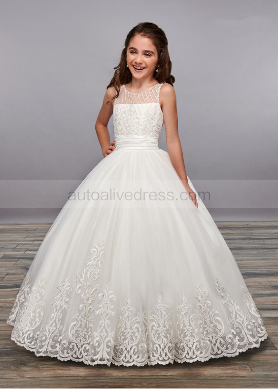 Beaded Ivory Lace Tulle Unique Flower Girl Dress